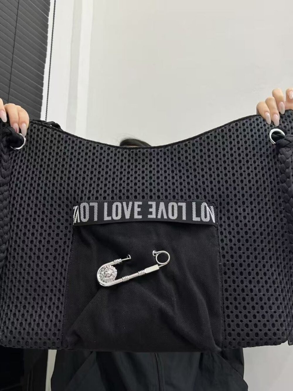 Y2K Grunge Black Mesh Cargo Tote Bag - Braided Rope Strap